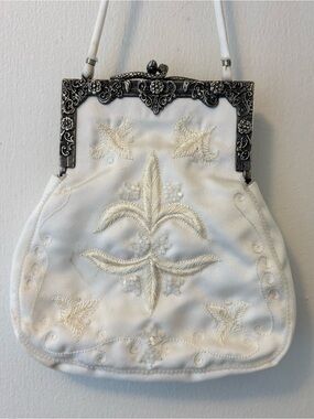 Watters and Watters Ivory Satin Embroidered Serpent Clip Bridal Purse